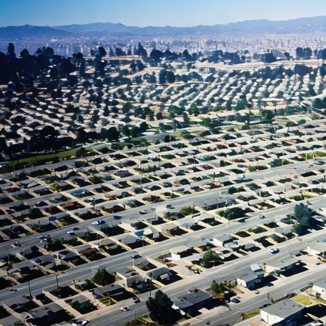 Prompt: A clean, yet sterile looking overhead view of a 1982 suburban neighborhood in Bay Area California.  The feeling conveyed is nostalgia, but also a bit of eeriness. 
