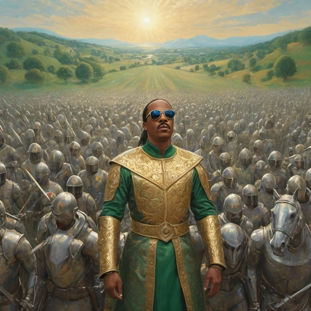 Prompt: Stevie Wonder leading a large army of Knights over a green hill, Stevie Wonder is in Armor with his head exposed, Done in strong detail, done in the art style of Georges Serat, with lots of color