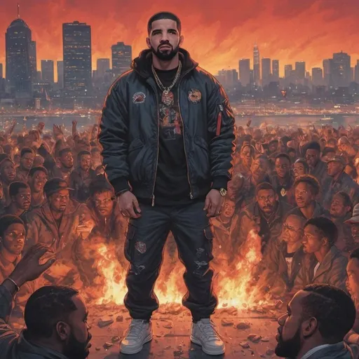 Prompt: Drake drawn An angry general, with a huge angry crowd of asap mob, with torches, throwing stones at him in the art stylings of Georges Serat, with Bright colors and lots of shading, a few devils hidden in the crowd big, bright city skyline in background, dark