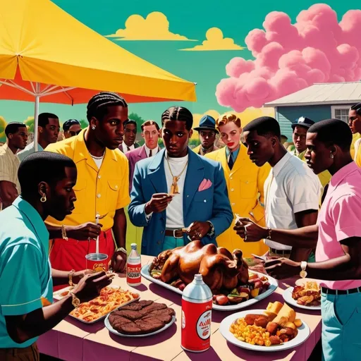 Prompt: A$AP MOB having a giant cookout, sponsored by camel cigarettes, bright colors, heavy shadows, In a 1940's art style