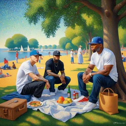 Prompt: Eminem, 50 Cent and Dr. Dre in the style of Georges Seurat's 'A Sunday Afternoon on the Island of La Grande Jatte', pointillism, picnic scene with modern hip-hop artists, highres, detailed, pointillism, iconic trio, relaxed atmosphere, colorful, fine details, professional, harmonious composition, vintage colors, dappled sunlight, peaceful ambiance, modern twist colourful