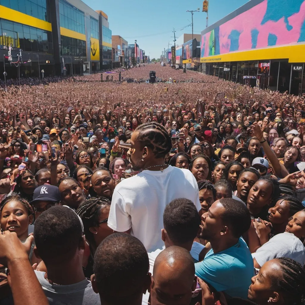 Prompt: Colourful Kendrick lamar art With crowds in the background