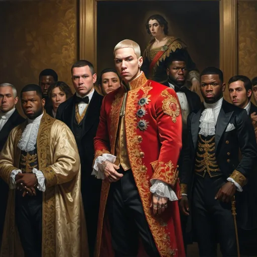 Prompt: Eminem and 50 Cent In front of A$AP MOB in the opulent style of Francisco Goya's 'Charles IV of Spain And His Family', oil painting, opulent clothing, intense and dramatic expression, detailed facial features, historical opulence, grandeur, dynamic composition, rich color palette, high contrast, detailed attire, regal atmosphere, dark and luxurious tones, dramatic lighting, high quality, oil painting, opulent style, intense expressions, grandeur, regal, dynamic composition, rich colors, detailed attire, luxurious tones, dramatic lighting