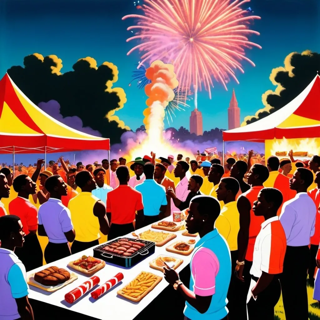 Prompt: A$AP MOB having a giant cookout, sponsored by camel cigarettes, bright colors, heavy shadows, In a 1940's art style, Lots of people, lots of food, fireworks in background