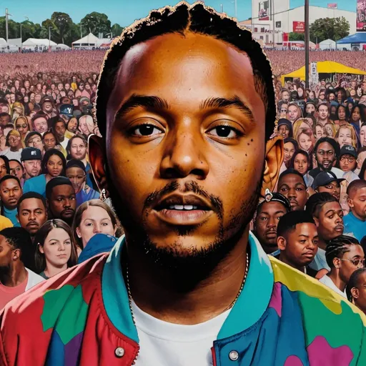 Prompt: Colourful Kendrick lamar art With crowds in the background