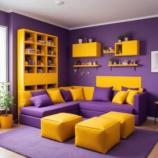 Prompt: I would like to creat a happy room with many warm colors. And some shelves.
Foldable sofa with drawers.
Yellow walls, purple carpet and stackable stools,
