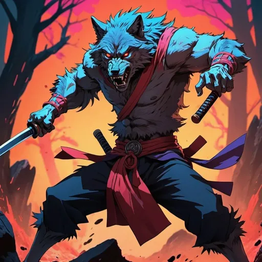 Prompt: anime 2D wolf man fighting with katanas