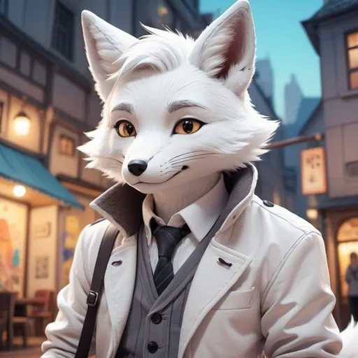Prompt: white fox man with jacket 