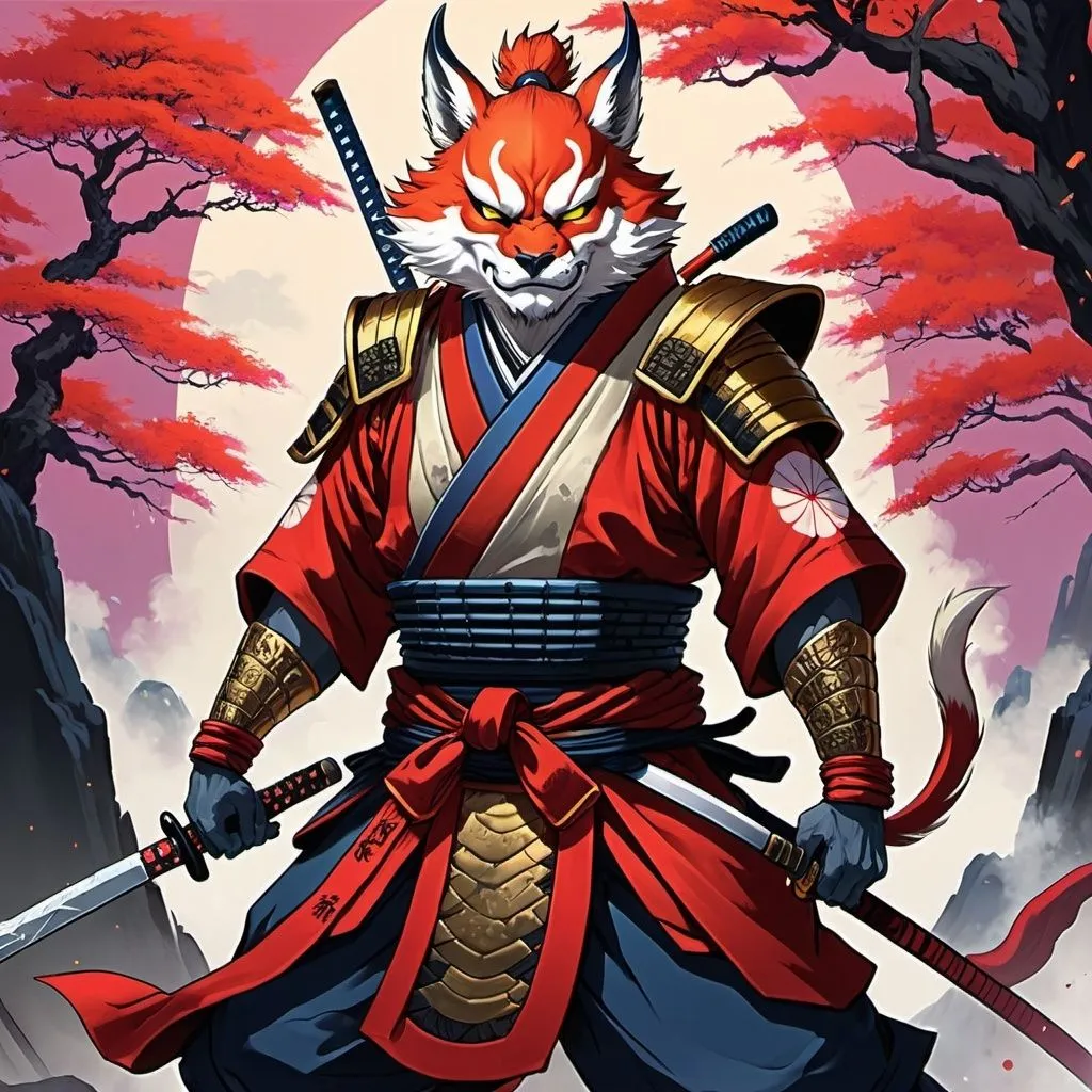 Prompt: kitusune oni anime furry wolf samurai 