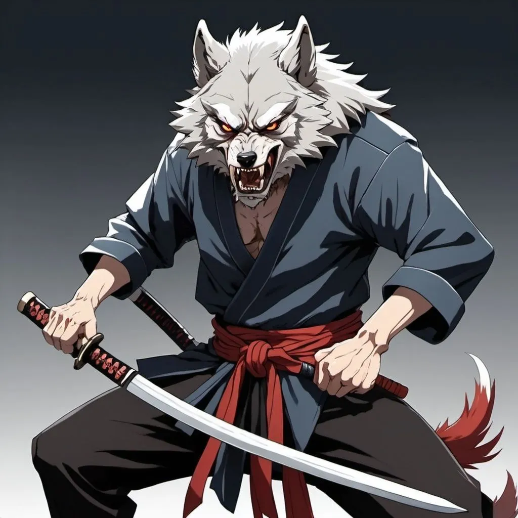 Prompt: 2D anime wolf man fighting with katanas 