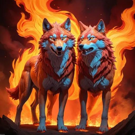 Prompt: 2 headed fire wolf 