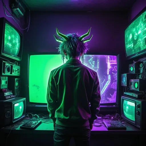 Prompt: purple and green, tv, electronics, tv man, vibrant colors, high definition 