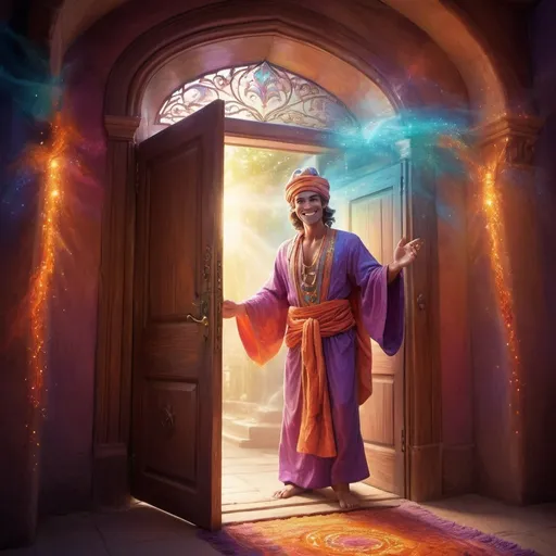 Prompt: Smiling genie, magical door, mystical atmosphere, vibrant colors, fantasy illustration, ethereal lighting, high quality, magical realism, joyful expression, flowing robes, sparkling effects, detailed facial features, vibrant, fantasy, mystical, ethereal lighting, magical door, high quality, detailed facial features, joyful expression, flowing robes, sparkling effects, colorful, vibrant colors