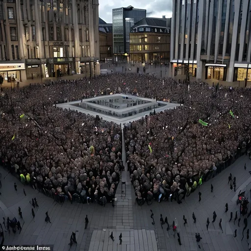 Prompt: Can you generate a picture showing a diverse crowd standing together in a city square such as St Anne's square in Manchester, their faces showing various emotions and standing together to demand Equality, Peace, Dignity and Fairness. The poster should have the words: "Those who know what persecution is, Must stand together" on it