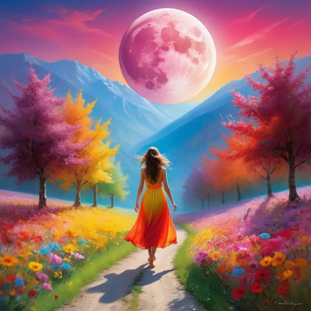 Prompt: I am that I am, I am all, I am present, I live in the now moment
I love colours and abundance 
I walk in a beautiful landscape, on a sunny day while the moon shows itself also already