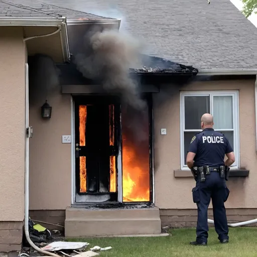 Prompt: A father in his 40s opens door outside is the police while his house is on fire