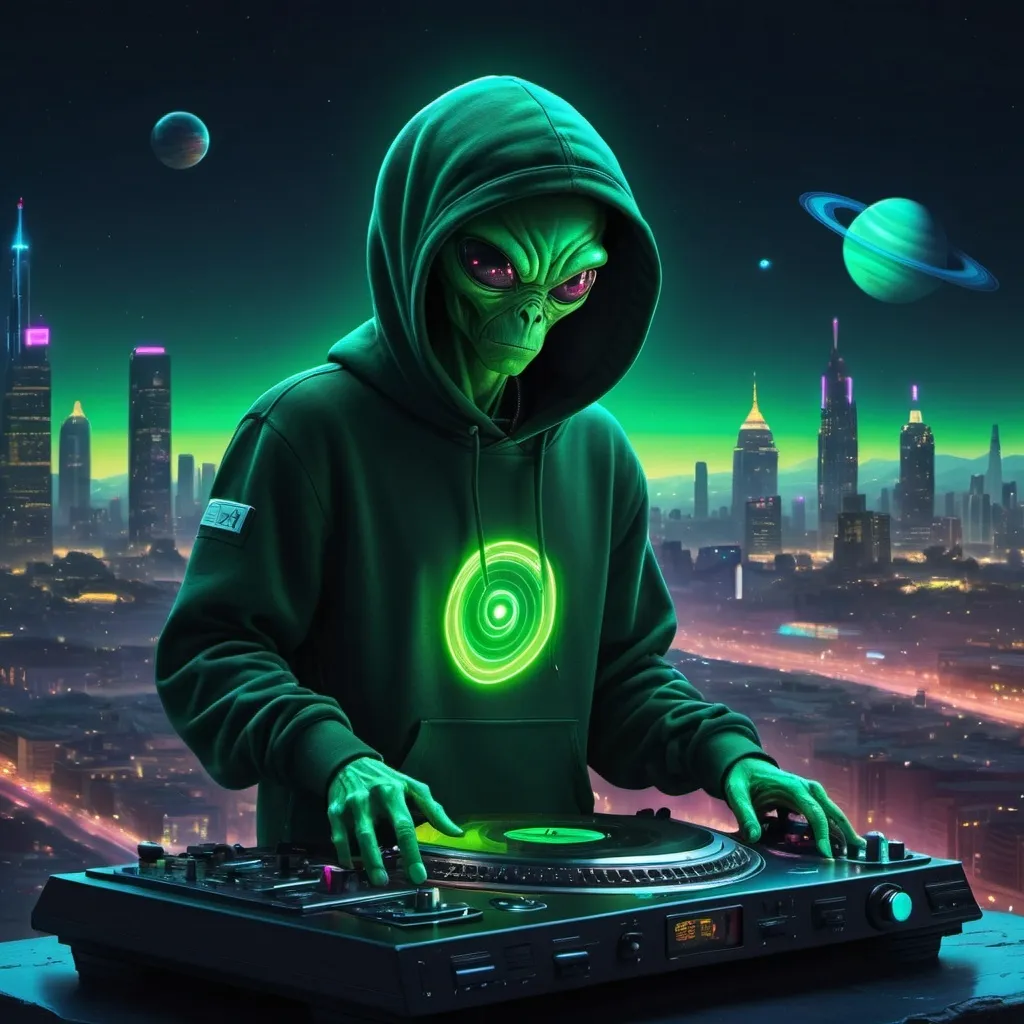 Prompt: Create a green alien in a black hoodie leaning on turntables with a city scape in the background and planets in the sky.  Include saturn.  

