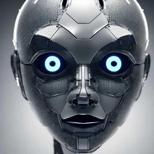 Prompt: A photographic session of a robot face containing simple details, somewhat scary, with luminous eyes, black and white, made of plastic and aluminium.with white background