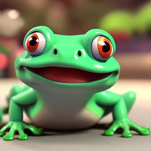 Prompt: Cute 3D smiling frog character look like Pokemo sells electronic devices in a small store background