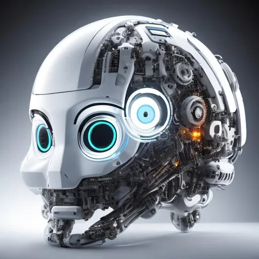 Prompt: A photographic session of the face of a robot containing simple details, somewhat frightening, with luminous eyes, black and white in color, made of plastic and aluminum with uncomplicated details, showing from the side the shape of its simple mechanical brain and its electronic circuits.
White background