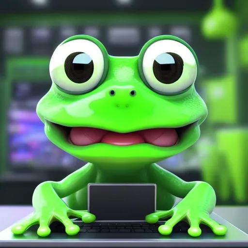 Prompt: 3D Cute green frog face character  anime
He sells electronic devices in a small store