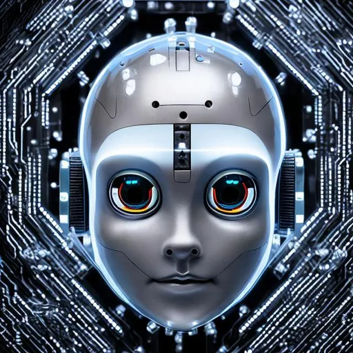 Prompt: A photographic session of the face of a robot containing simple details, somewhat frightening, with luminous eyes, black and white in color, made of plastic and aluminum with uncomplicated details, showing from the side the shape of its simple mechanical brain and its electronic circuits.