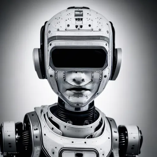 Prompt: A photographic session of the face of a robot containing simple details, somewhat frightening, black and white in color, made of plastic with uncomplicated details, showing from the side the shape of its simple mechanical brain and its electronic circuits.
White background