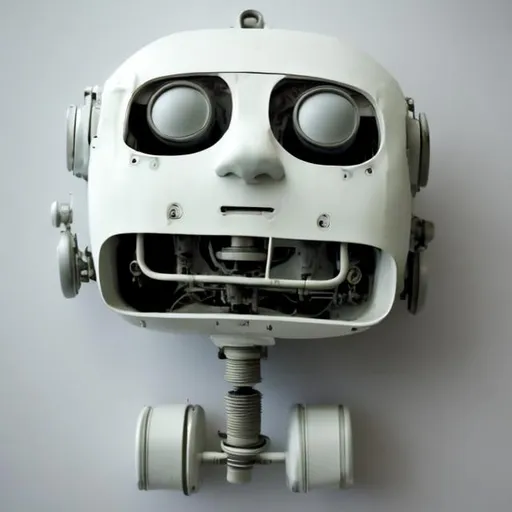 Prompt: A face of old robot no eyes. It is made of plastic. Its color is white, The picture is sideways with a single-color background