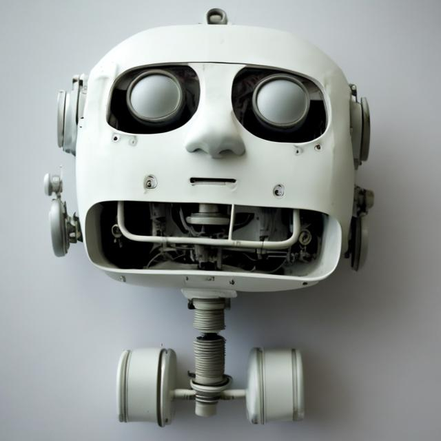 Prompt: A face of old robot no eyes. It is made of plastic. Its color is white, The picture is sideways with a single-color background