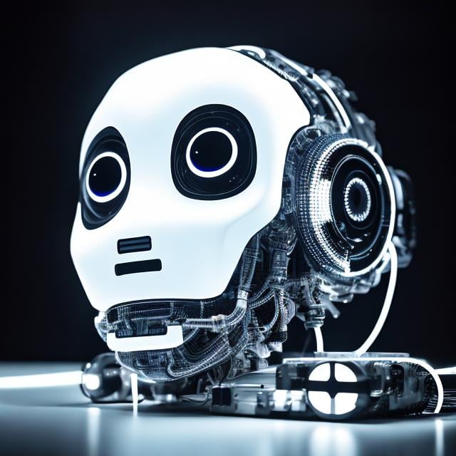 Prompt: A photographic session of the face of a robot containing simple details, somewhat frightening, with luminous eyes, black and white in color, made of plastic and aluminum with uncomplicated details, showing from the side the shape of its simple mechanical brain and its electronic circuits.
White background make it simple