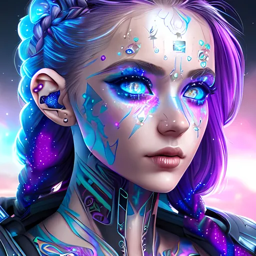 Prompt: Cyberpunk girl, fantasy art, iridescent, stardust skin, detailed human  face, braided hair, white tattoos, ultra realistic, galaxies in background 