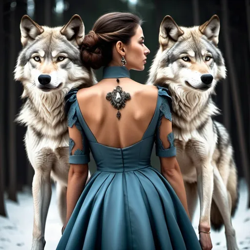 Prompt: a woman in elegant dress with two twin wolf on the back
