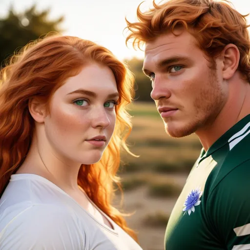 Prompt: A (plus-size woman) standing up with fiery red hair and captivating green eyes standing alongside a (tall rugby player) with sun-kissed skin, warm and vibrant; he has sand blonde hair and striking cornflower blue eyes. The setting is outdoors, illuminated by golden sunlight, creating a bright and cheerful atmosphere, capturing a moment of camaraderie. (High quality), (detailed), with soft background enhancing the characters.