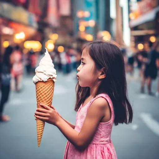 Prompt: A little girl with an ice cream cone in the city standing beside Jesus