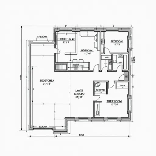 Prompt: A detailed CAD drawing of a residential floor plan.