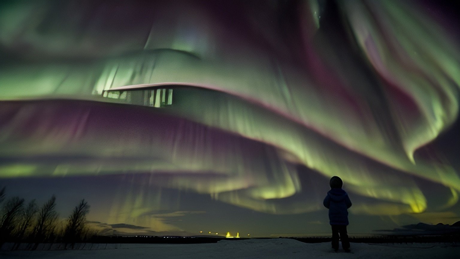 Prompt: A boy looking at the aurora borealis for the first time. We see him from the back. wide field of view and cinematic