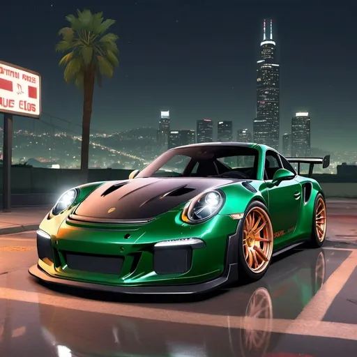 Prompt: GTA V cover art, 2024 porche gt3 rs with a widebody kit, dark metallic green paint job and  silver rose decals, carbon fiber spoiler, chrome alloy rims, in a Los Angeles night scene ,  cartoon illustration