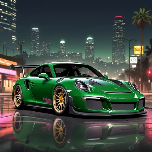 Prompt: GTA V cover art, 2024 porche gt3 rs with a widebody kit, dark metallic green paint job and  silver rose decals, carbon fiber spoiler, chrome alloy rims, in a Los Angeles night scene ,  cartoon illustration