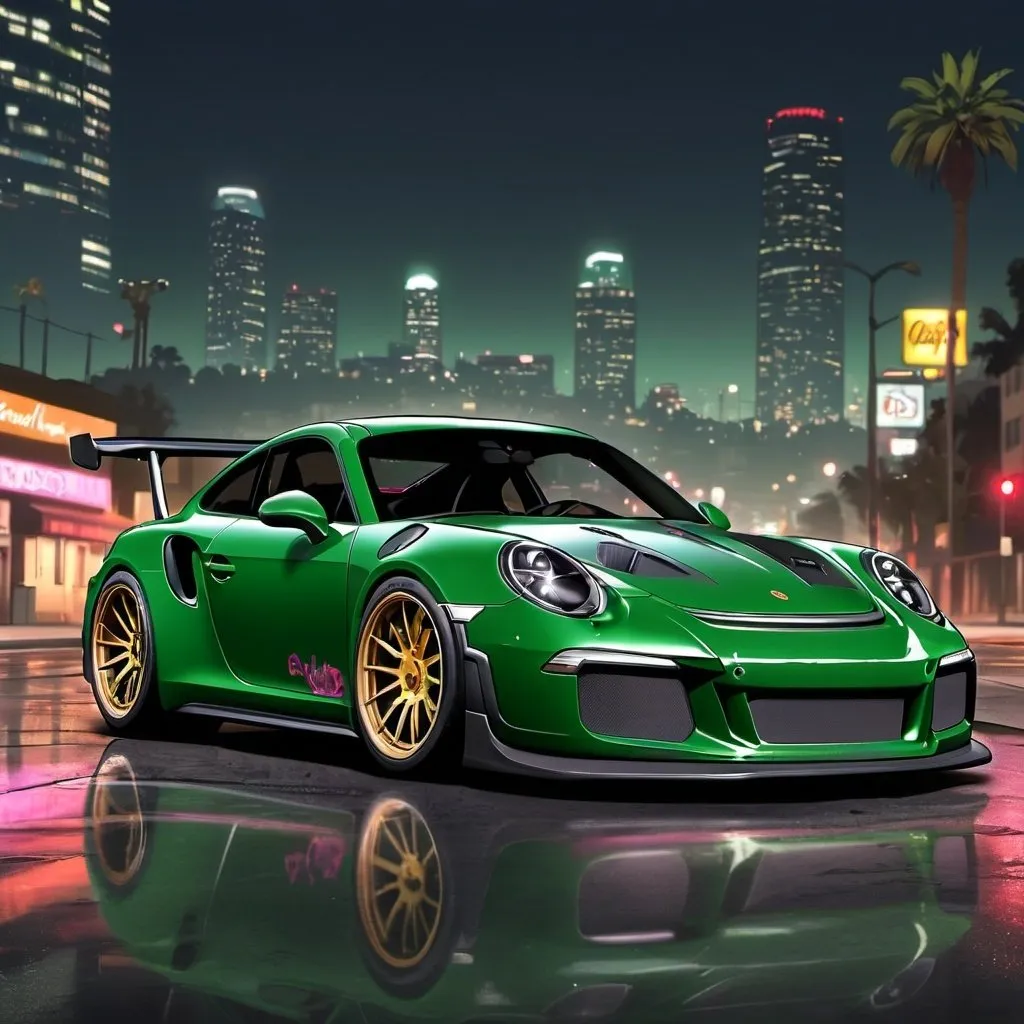 Prompt: GTA V cover art, 2024 porche gt3 rs with a widebody kit, dark metallic green paint job and  silver rose decals, carbon fiber spoiler, chrome alloy rims, in a Los Angeles night scene ,  cartoon illustration