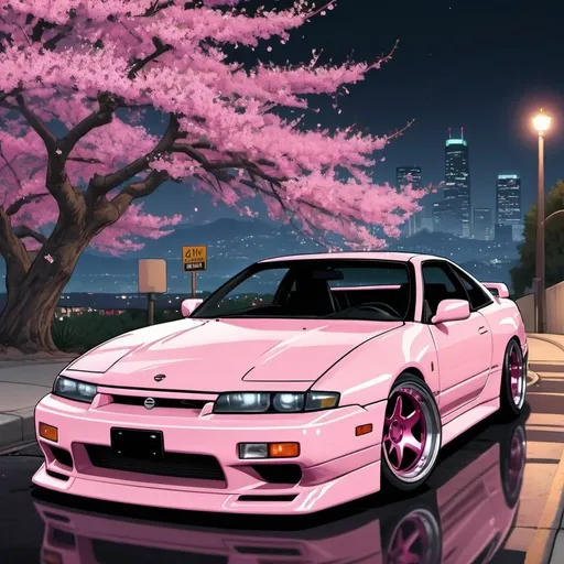Prompt: GTA V cover art, 1993 Nissan 240sx with a widebody kit, light pink paint job and cherry blossom decals, carbon fiber spoiler, white rims, in a Los Angeles night scene ,  cartoon illustration
