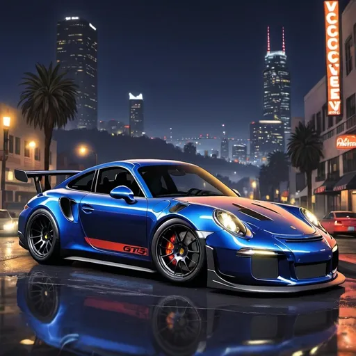 Prompt: GTA V cover art, 2024 porche gt3 rs with a widebody kit, midnight blue paint job, carbon fiber spoiler, chrome rims, in a Los Angeles night scene ,  cartoon illustration