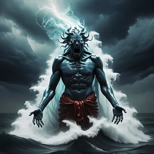 Prompt: Ocean God Hell Drown Fire Fear Death Ghost Demon Damnation Despair Pray Storm

