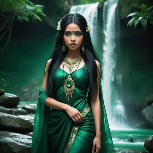 Prompt: Naga girl in emerald traditional dress with long black hair, big mystical eyes, nature-inspired waterfall background, high quality, fantasy, traditional, detailed hair, dramatic lighting, elegant, emerald dress, mystical eyes, nature-inspired, elaborate, detailed, professional, atmospheric lighting