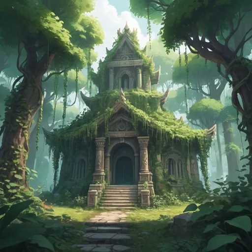 Prompt: An image for an rpg.  Magical forest with a temple that is overgrown with vines. Keep a cosy vibe.