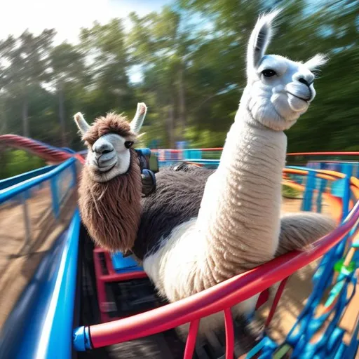 Prompt: a llama riding a roller coaster