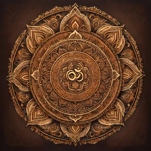 Prompt: Rich shades of brown envelop a central, intricately designed mandala that radiates a feeling of tranquility and spirituality. At the core, the prominent symbol of "Om" is artistically rendered in a warm, golden hue, exuding a sense of depth and significance. Surrounding the symbol, delicate floral patterns and ornate designs weave through the space, enhancing the serene atmosphere with their intricate detailing. The composition is symmetric and balanced, inviting the viewer's gaze inward while the subtle textures of the petals and circular motifs create a harmonious flow. The overall mood is one of calm and contemplation, reflecting themes often associated with mindfulness and inner peace.