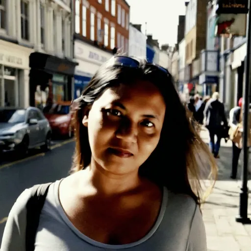 Prompt: Tall young woman walking down the high street, detailed clothing, realistic, natural lighting