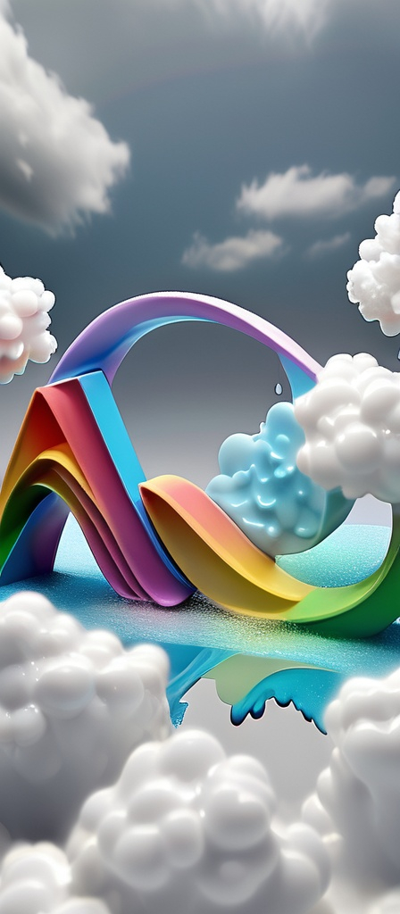 Prompt: 3D Sign  Water Texture in Colors Rainbow Sign Stands Among Clouds