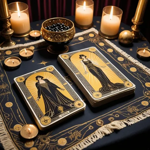 Prompt: 1920s art deco tarot cards on a beautiful table cloth, vintage art deco style, intricate gold and black designs, rich color palette, high quality, art deco, tarot cards, vintage, 1920s, intricate designs, rich colors, luxurious table cloth, detailed artwork, atmospheric lighting