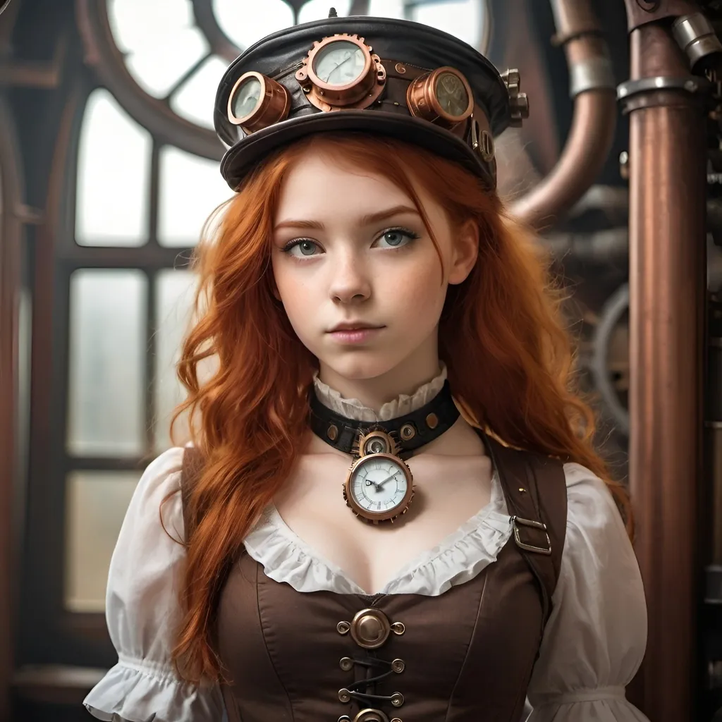 Prompt: A steampunk redhead teenager girl, she looks like someone who is very intelligent and astute. Fantasy, realistic image. The image represents the girl from the waist up